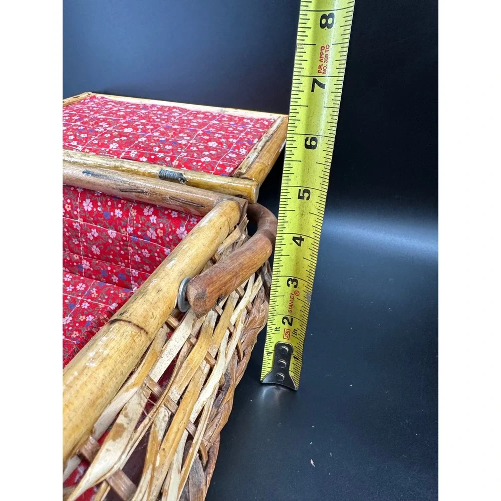 Vintage Wicker Sewing Basket Wood Handle Floral Lined Storage Box‎ Rustic Boho